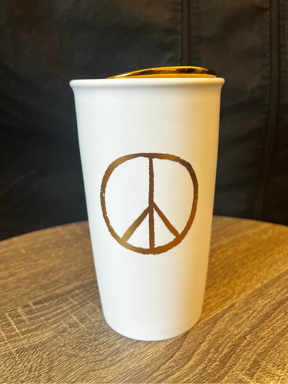 Starbucks Limited Edition 2015 White Gold Peace Sign Ceramic Travel Tumbler